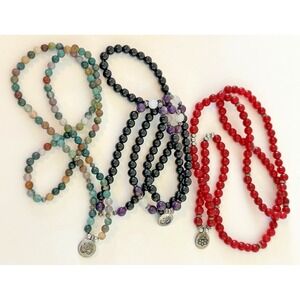 Mala Om Bead Wrap Bracelet Gemstones Agate amethyst Charm Set of 3 Stretch